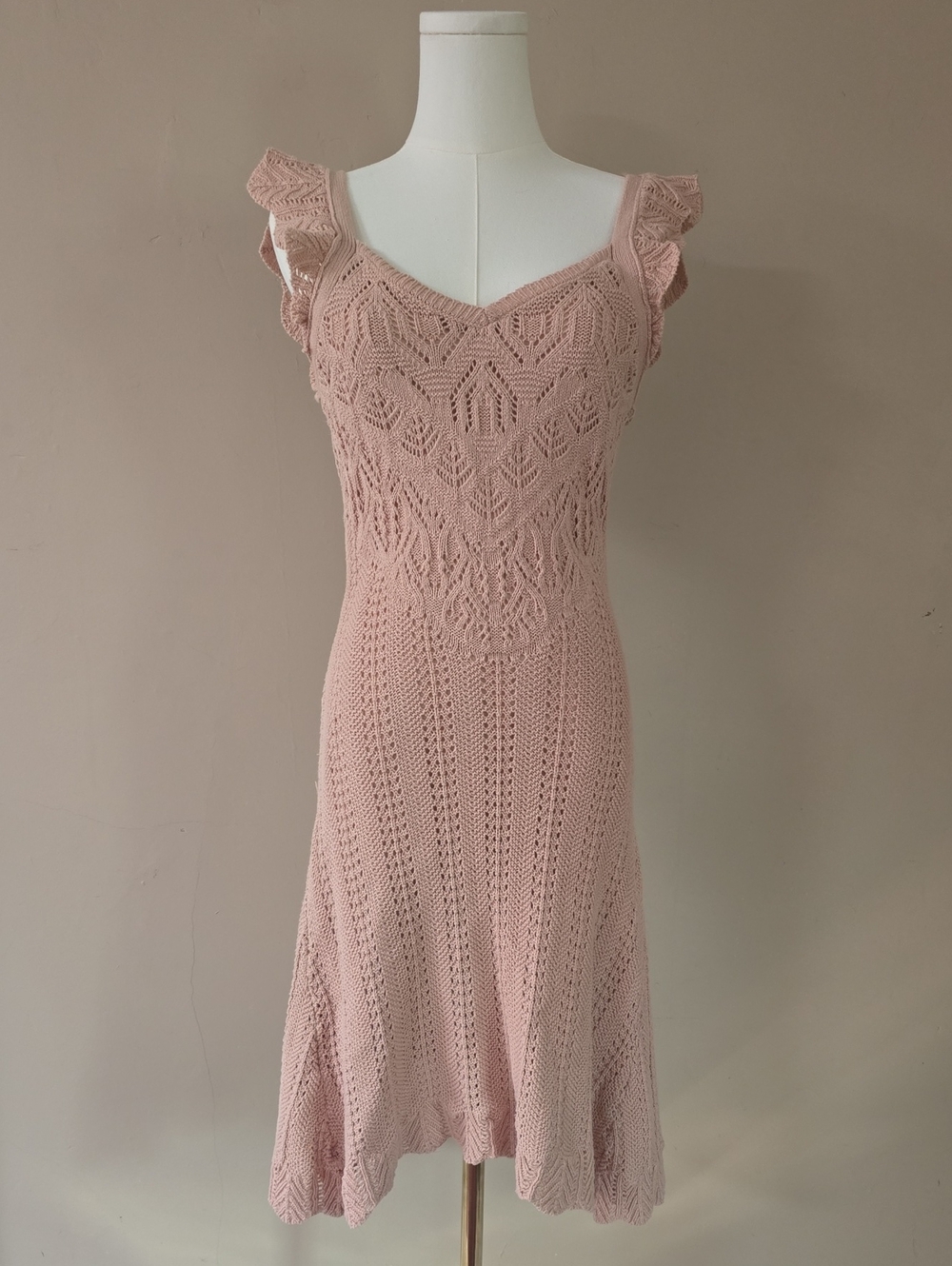 Blush Pink Crochet Midi Dress with Ruffle Straps